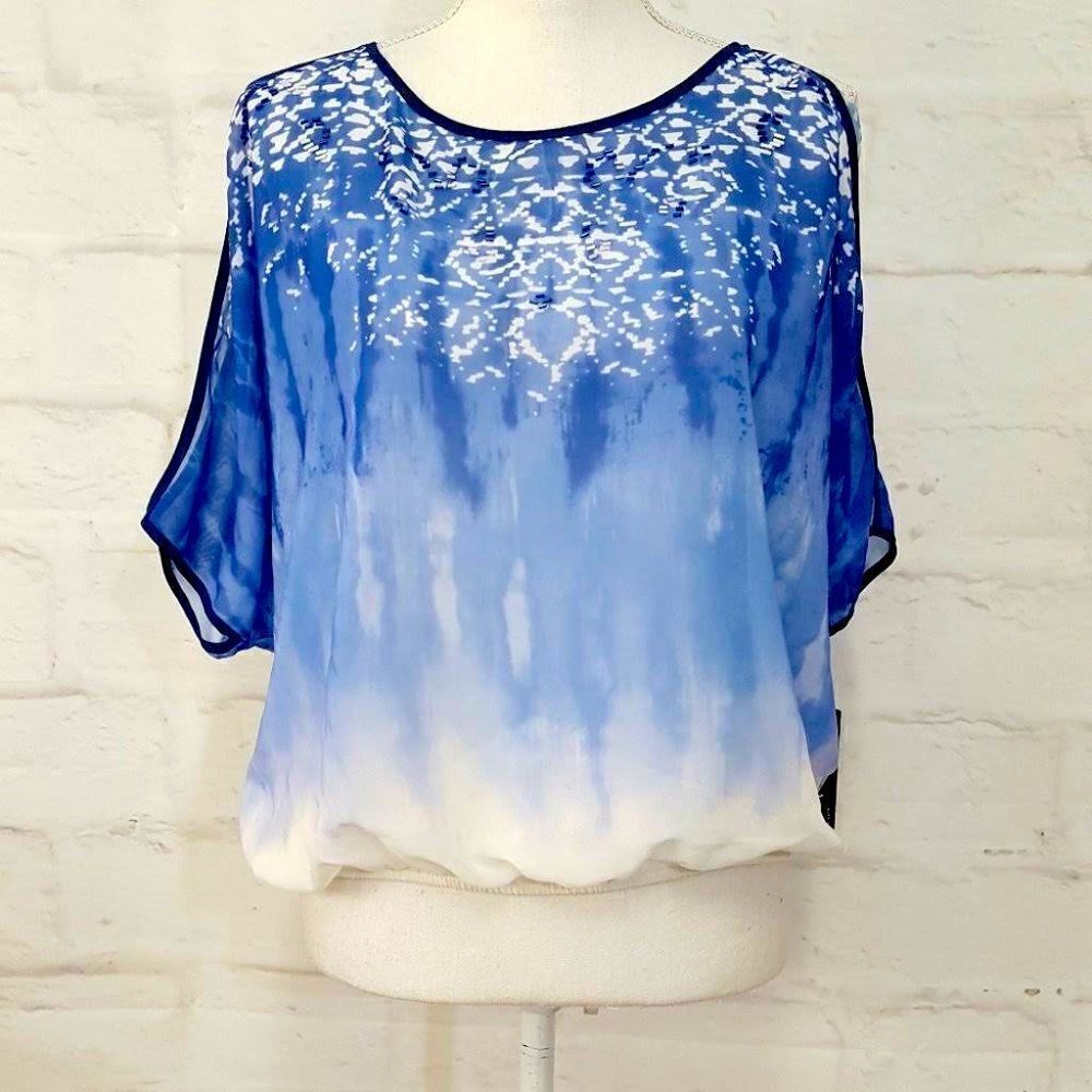 BCX Blue and White Ombré Beaded Cold Shoulder Top/Blouse